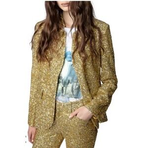 Zadig & Voltaire Very Sequins Blazer‎ Yellow Gold NWOT Silk Cotton Lining Medium
